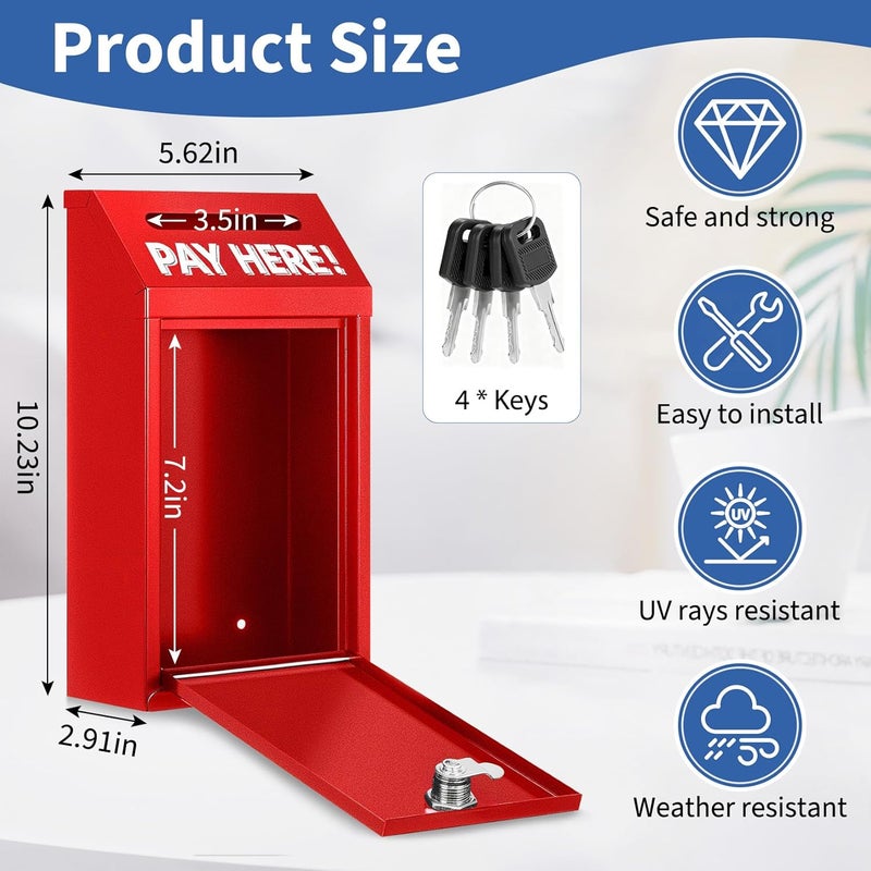 Hualleko Cash Money Box with Slot – 10.2In Metal Donation Box with Lock for Cash Deposit,Wall Mounted Money Drop with Lock and Slot for Home/Farm/Office/Outdoors(Red) - Image 2